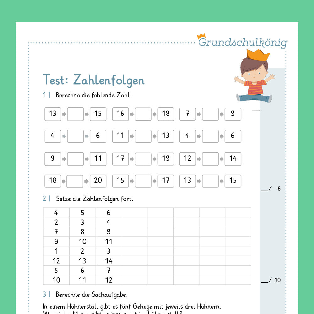 Königspaket: Zahlenfolgen im Zahlenraum 20 (Mathe, 1. Klasse) - inklusive Test