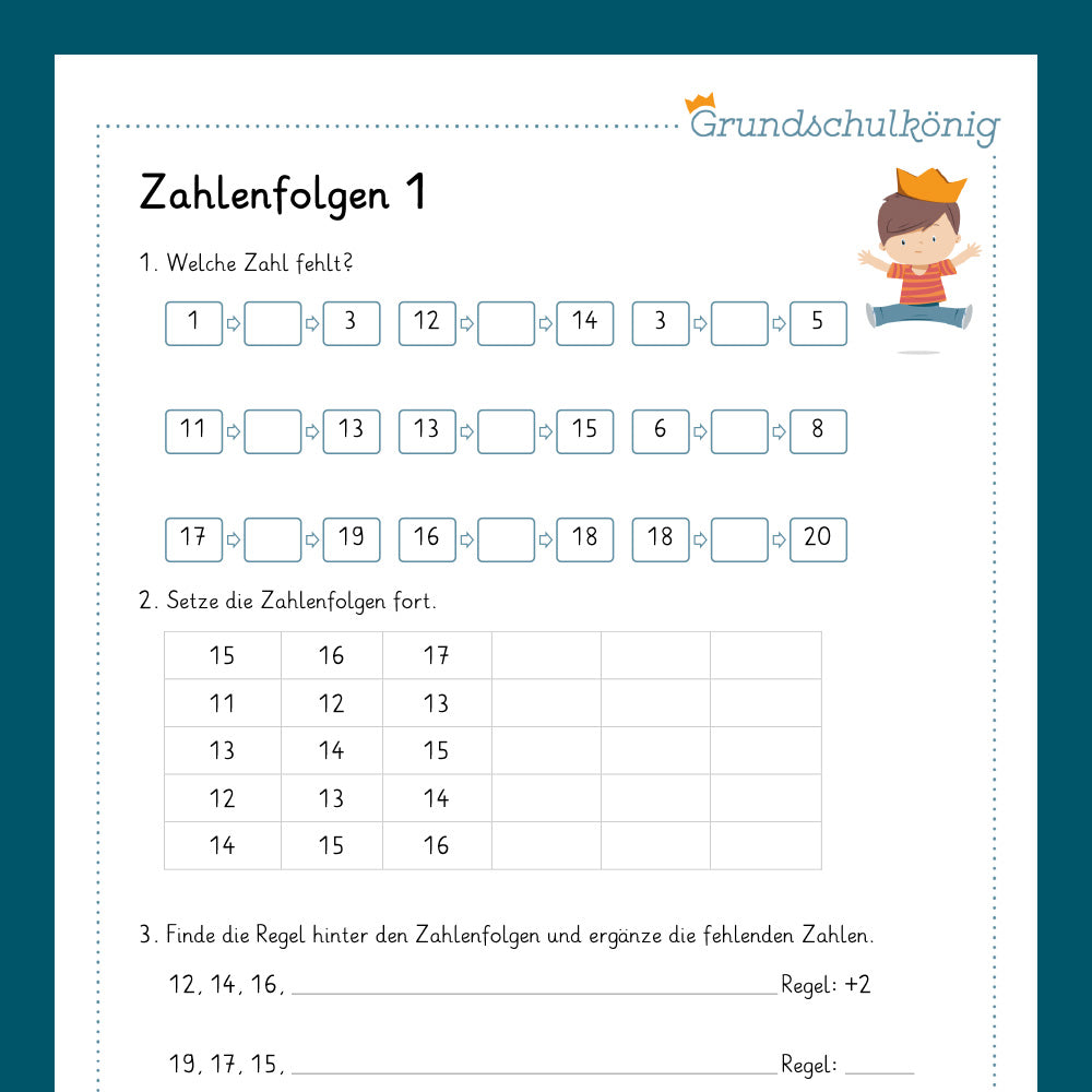 Königspaket: Zahlenfolgen im Zahlenraum 20 (Mathe, 1. Klasse) - inklusive Test