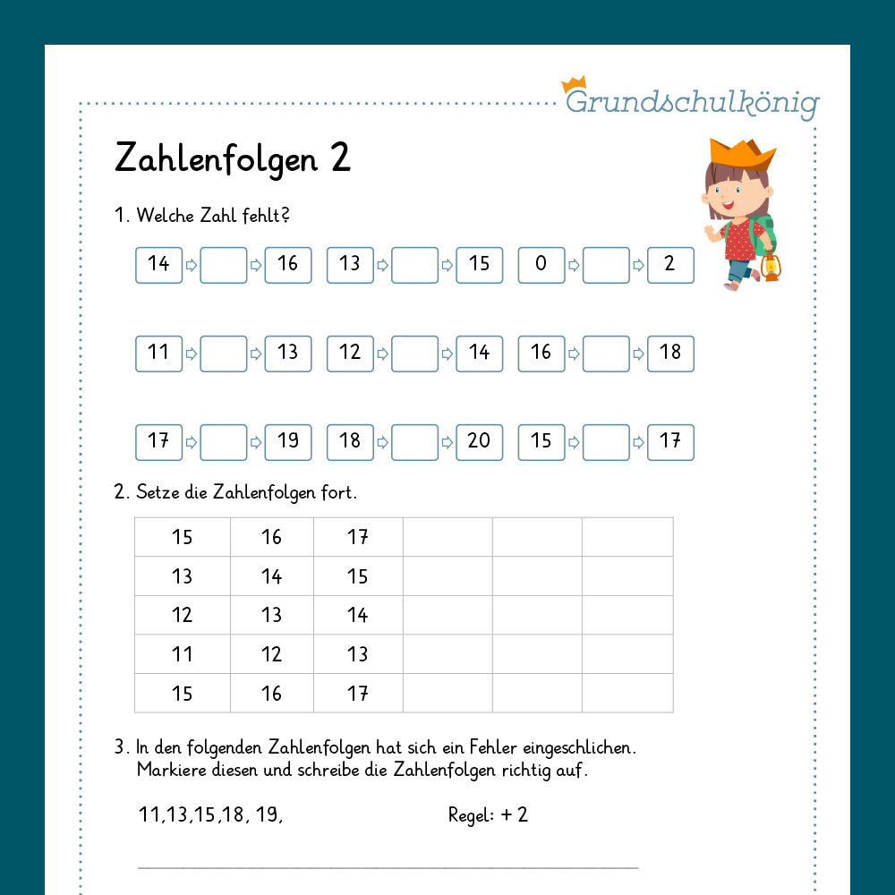 Königspaket: Zahlenfolgen im Zahlenraum 20 (Mathe, 1. Klasse) - inklusive Test