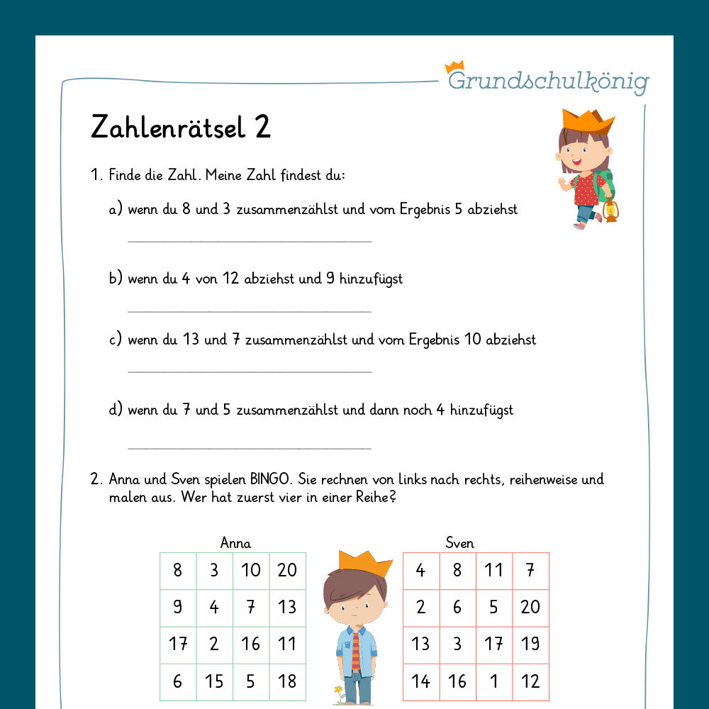 Königspaket: Zahlenrätsel im Zahlenraum 20 (Mathe, 1. Klasse) - inklusive Test