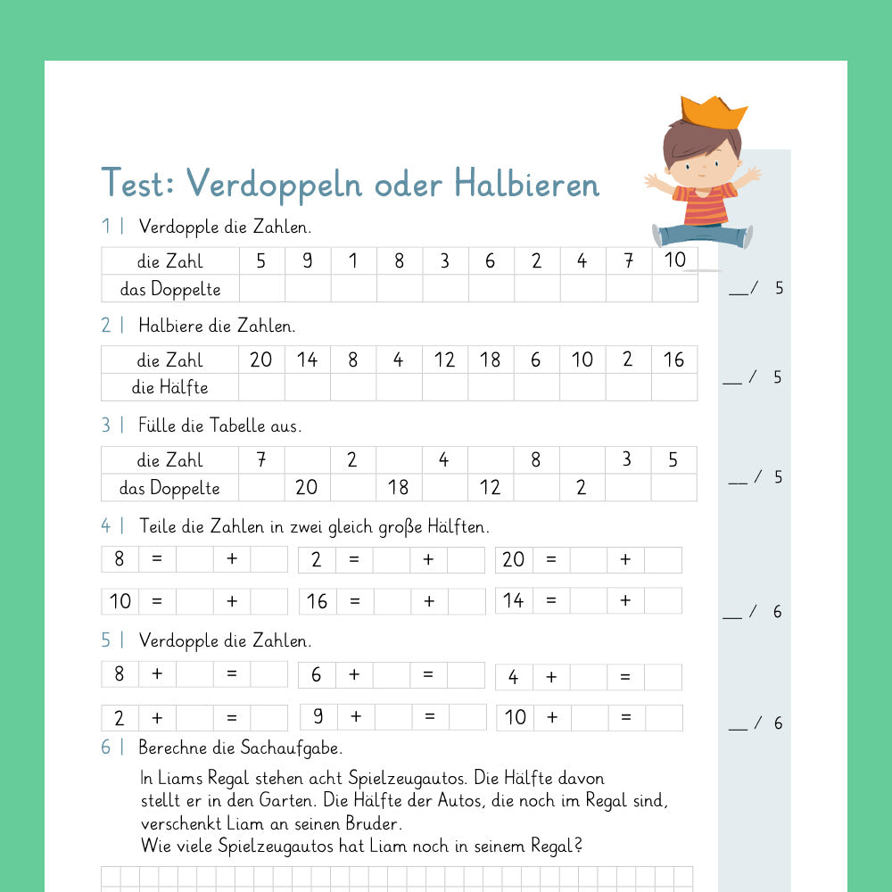 Königspaket: Verdoppeln und Halbieren (Mathe, 1. Klasse) - inklusive Test