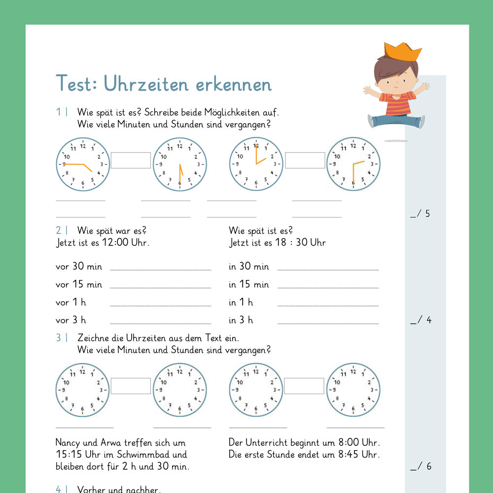 Königspaket: Uhrzeiten erkennen (Mathe, 2. Klasse) - inklusive Test