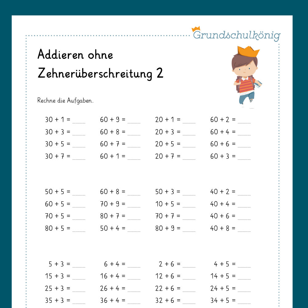 Königspaket: Addieren im ZR 100 - ohne Zehnerüberschreitung (Mathe, 2. Klasse) - inklusive Test
