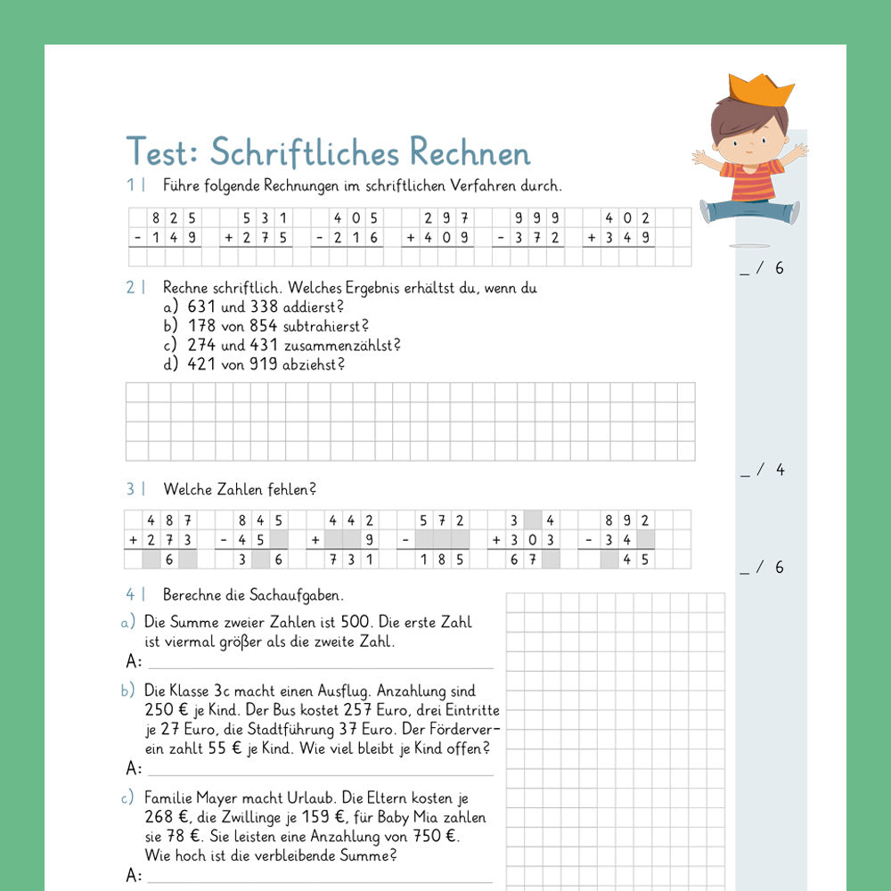 King's package: Mixed tasks for written arithmetic in ZR 1 000 (Math, 3rd grade) - including test