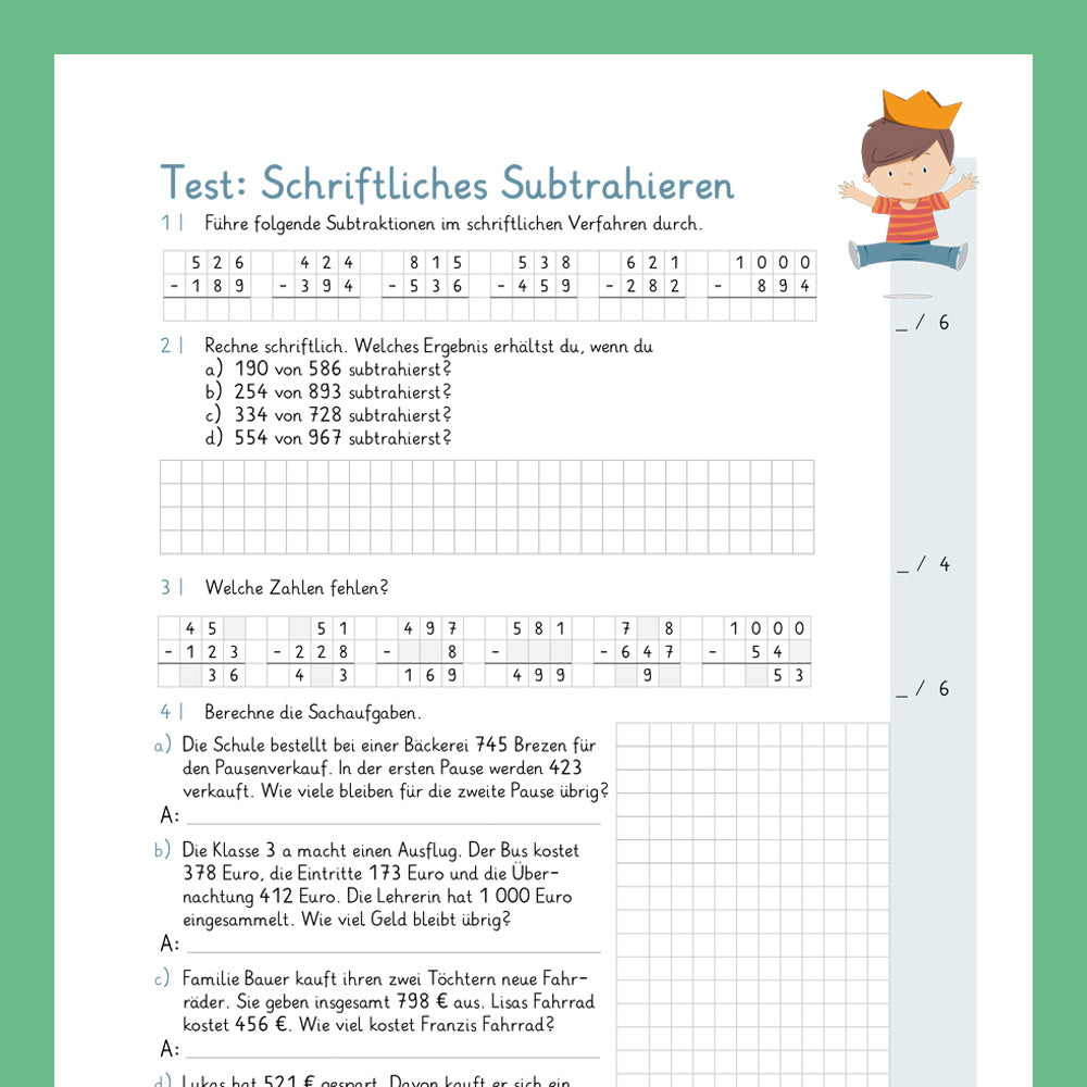 Königspaket: Schriftliches Subtrahieren im ZR 1 000 (Mathe, 3. Klasse) - inklusive Test