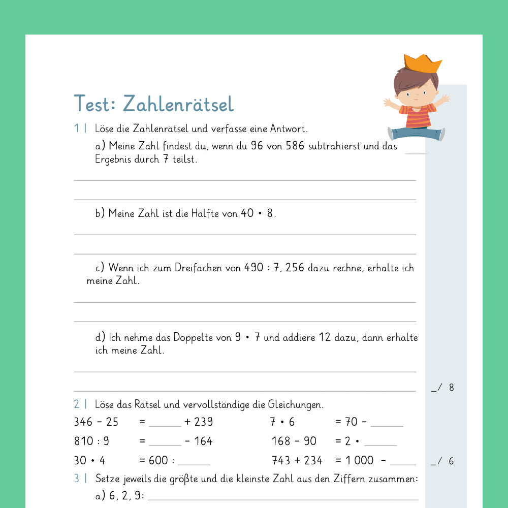 Königspaket: Zahlenrätsel / Gleichungen (Mathe, 3. Klasse) - inklusive Test