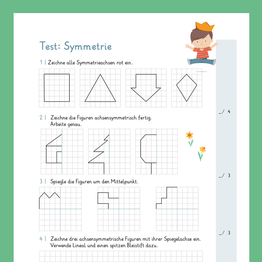 Königspaket: Symmetrie, Symmetrieachse und Symmetrische Figuren (Mathe, 4. Klasse) - inklusive Test