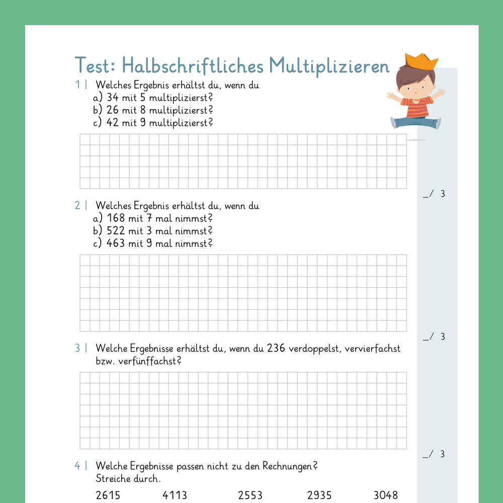 Königspaket: Halbschriftliches Multiplizieren (Mathe, 4. Klasse) - inklusive Test