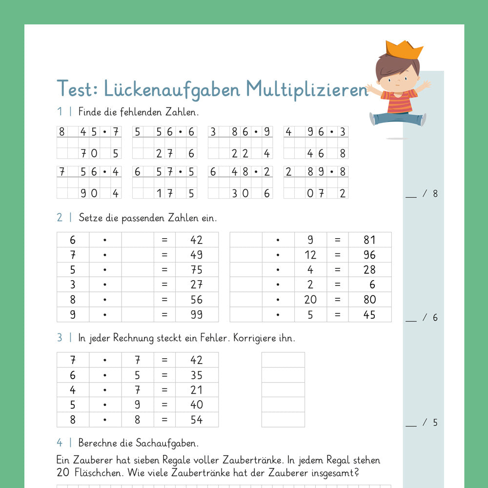 Königspaket: Lückenaufgaben - Multiplizieren (Mathe, 4. Klasse) - inklusive Test