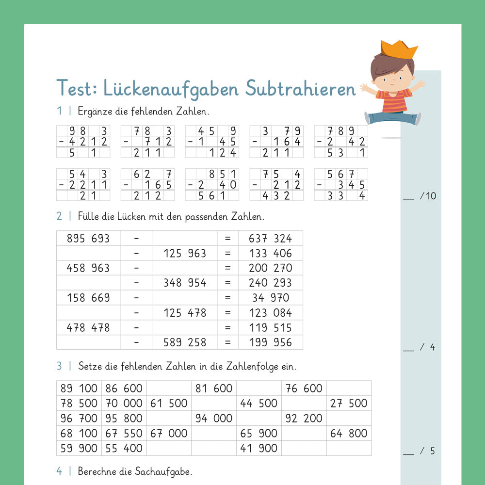 Königspaket: Lückenaufgaben - Subtrahieren (Mathe, 4. Klasse) - inklusive Test