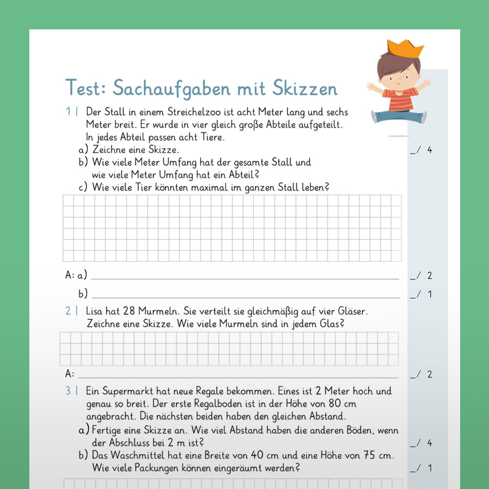Königspaket: Sachaufgaben mit Skizzen (Mathe, 4. Klasse) - inklusive Test