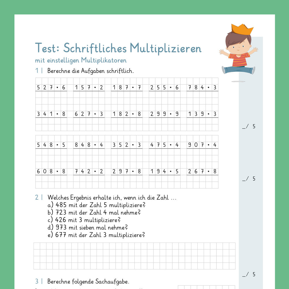 Königspaket: Schriftliches Multiplizieren mit einstelligen Zahlen (Mathe, 4. Klasse) - inklusive Test