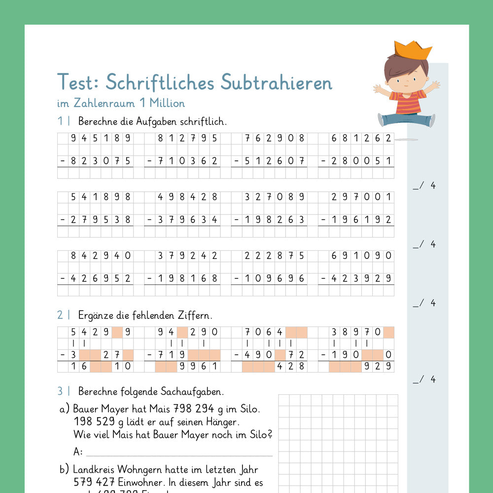 Königspaket: Schriftliches Subtrahieren im Zahlenraum 1 000 000 (Mathe, 4. Klasse) - inklusive Test