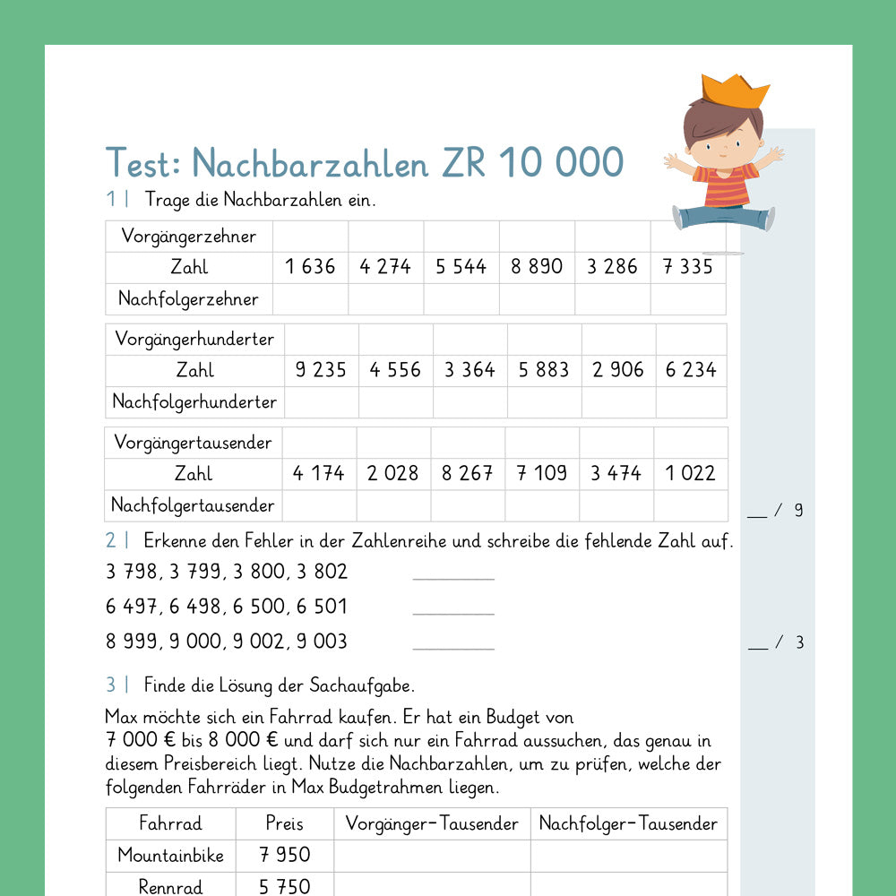 Königspaket: Nachbarzahlen im Zahlenraum 10 000 (Mathe, 4. Klasse) - inklusive Test