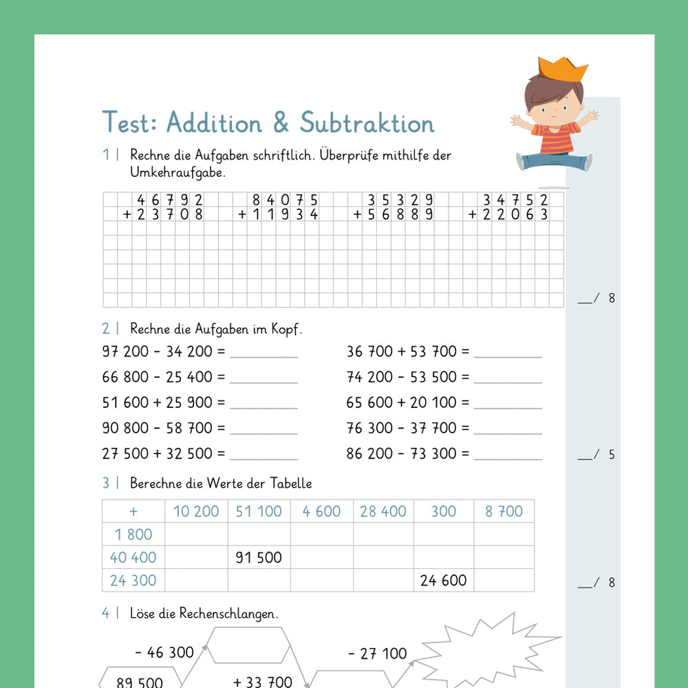 Königspaket: Addition und Subtraktion im Zahlenraum 100 000 (Mathe, 4. Klasse) - inklusive Test