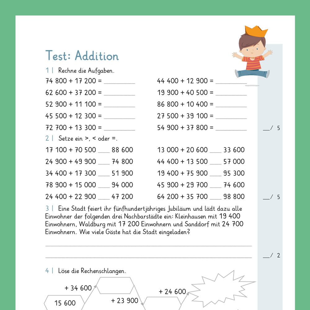 Königspaket: Addition im Zahlenraum 100 000 (Mathe, 4. Klasse) - inklusive Test