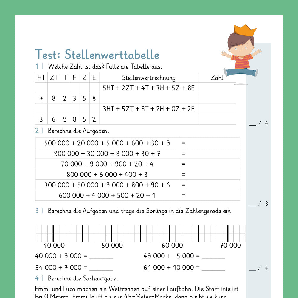Königspaket: Stellenwerttabelle und Zahlenstrahl im Zahlenraum 1 000 000 (Mathe, 4. Klasse) - inklusive Test