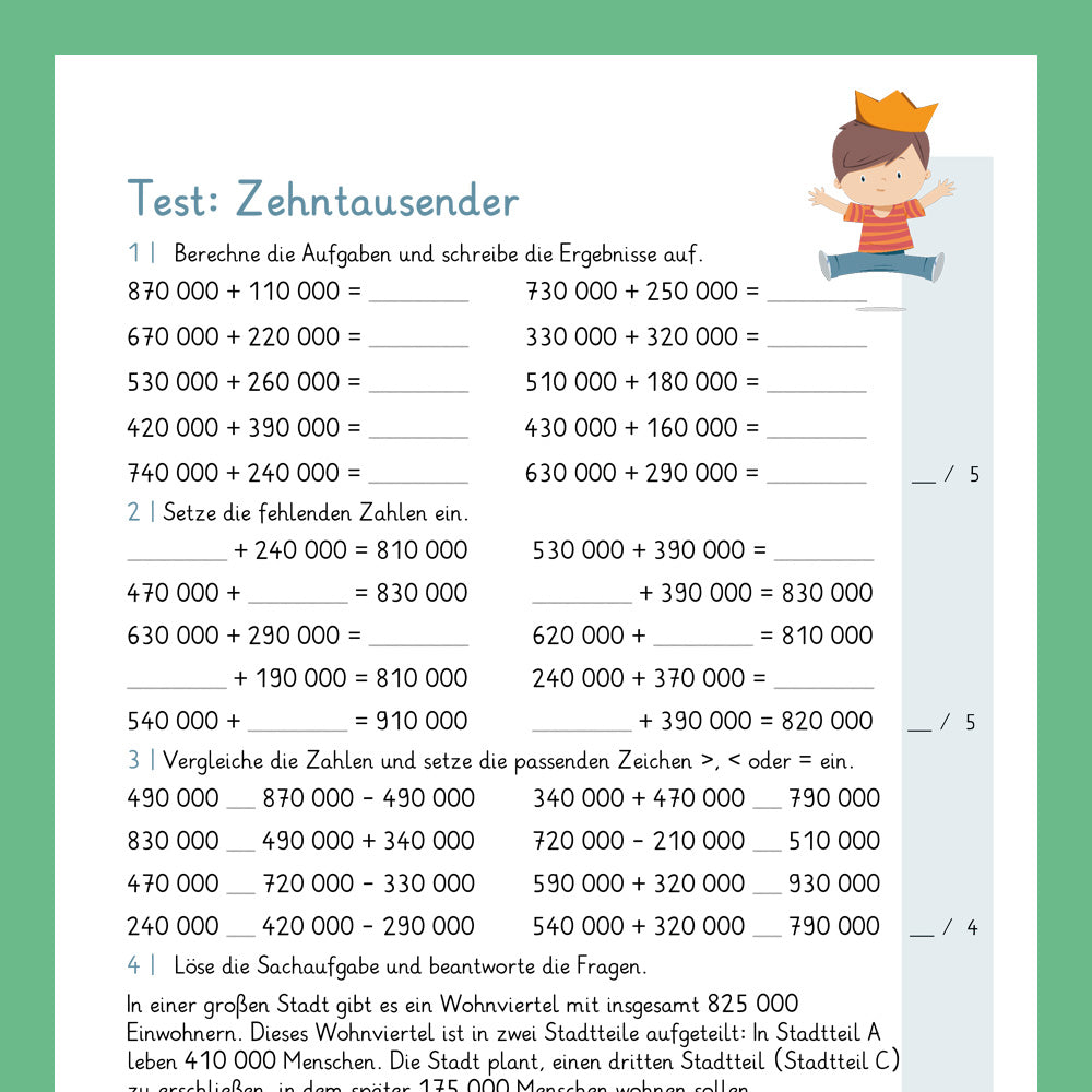 Königspaket: Rechnen mit Zehntausenderzahlen im Zahlenraum 1 000 000 (Mathe, 4. Klasse) - inklusive Test