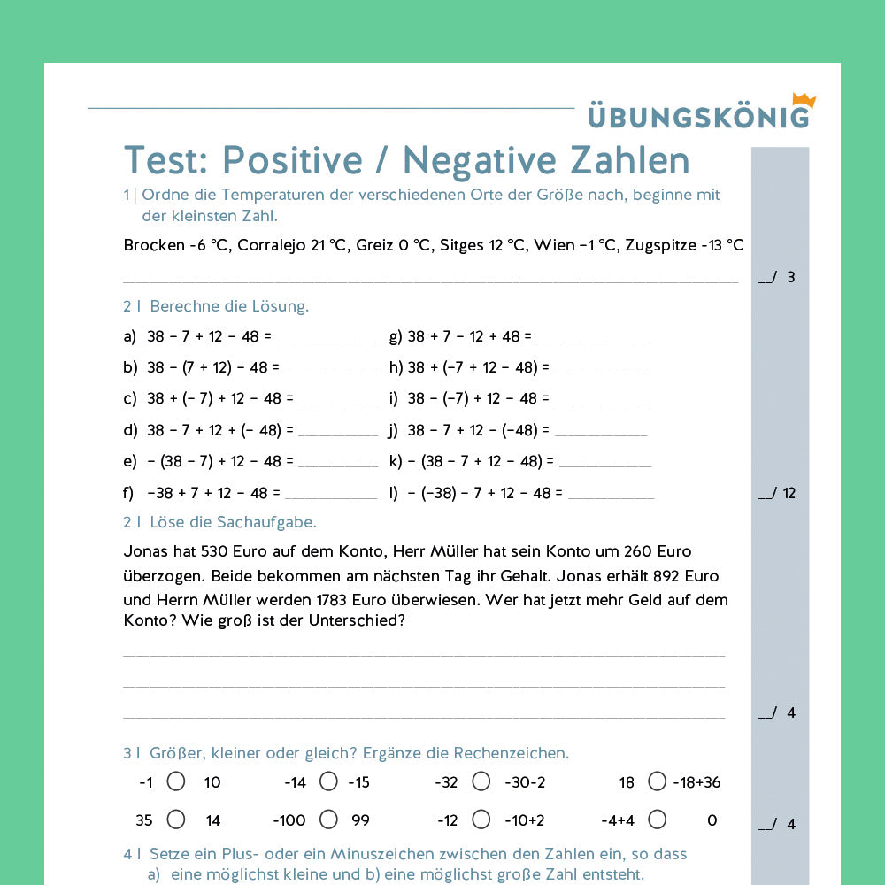 Königspaket: Positive und negative ganze Zahlen (Mathe, 5. Klasse) - inklusive Test