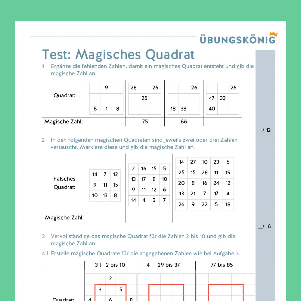 Königspaket: Magisches Quadrat (Mathe, 5. Klasse) - inklusive Test!