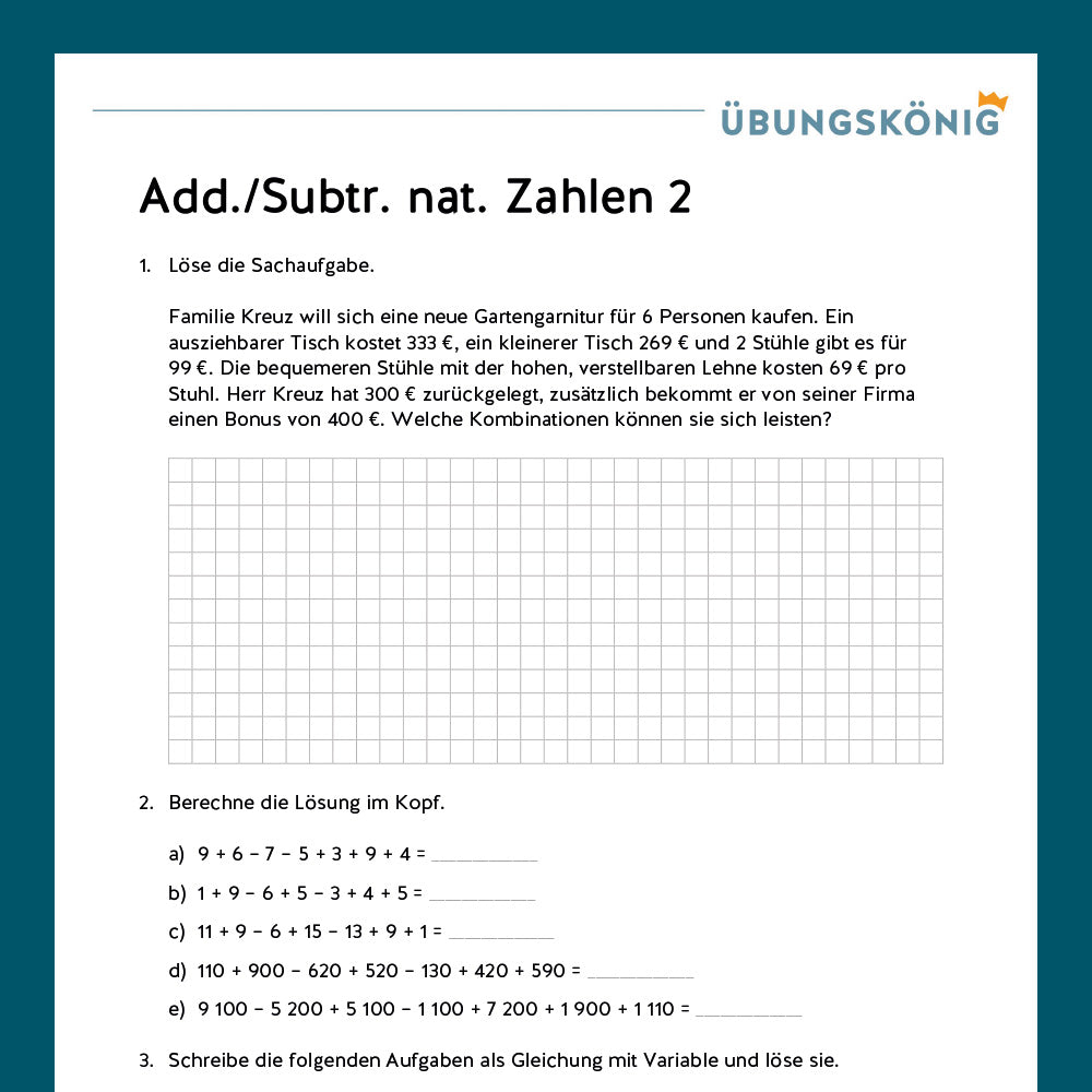 Königspaket: Addition und Subtraktion natürlicher Zahlen (Mathe, 5. Klasse) - inklusive Test!