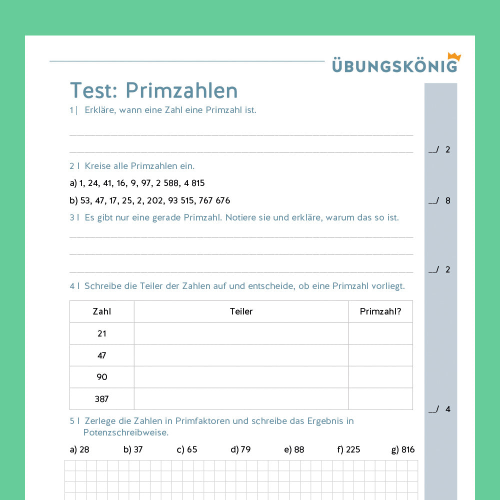 Königspaket: Primzahlen und Primfaktorzerlegung (Mathe, 5. Klasse) - mit Test