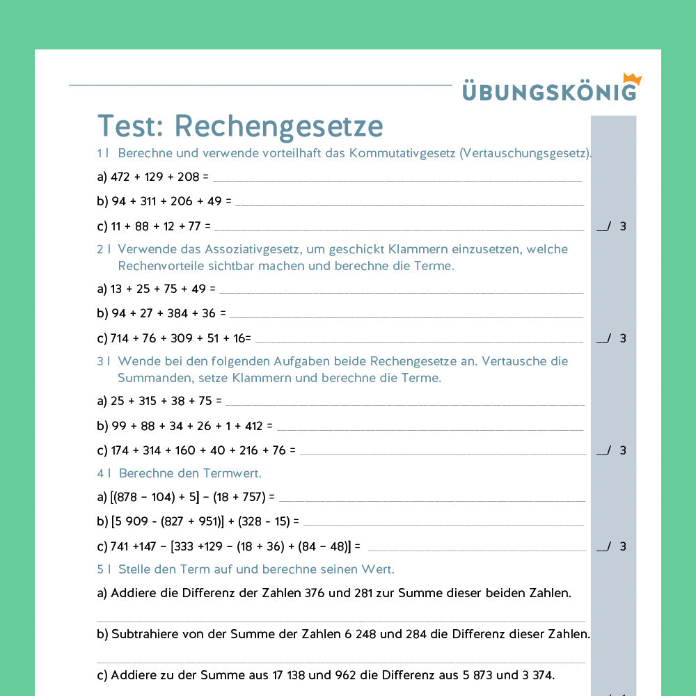Königspaket: Rechengesetze der Addition (Mathe, 5. Klasse) - inklusive Test