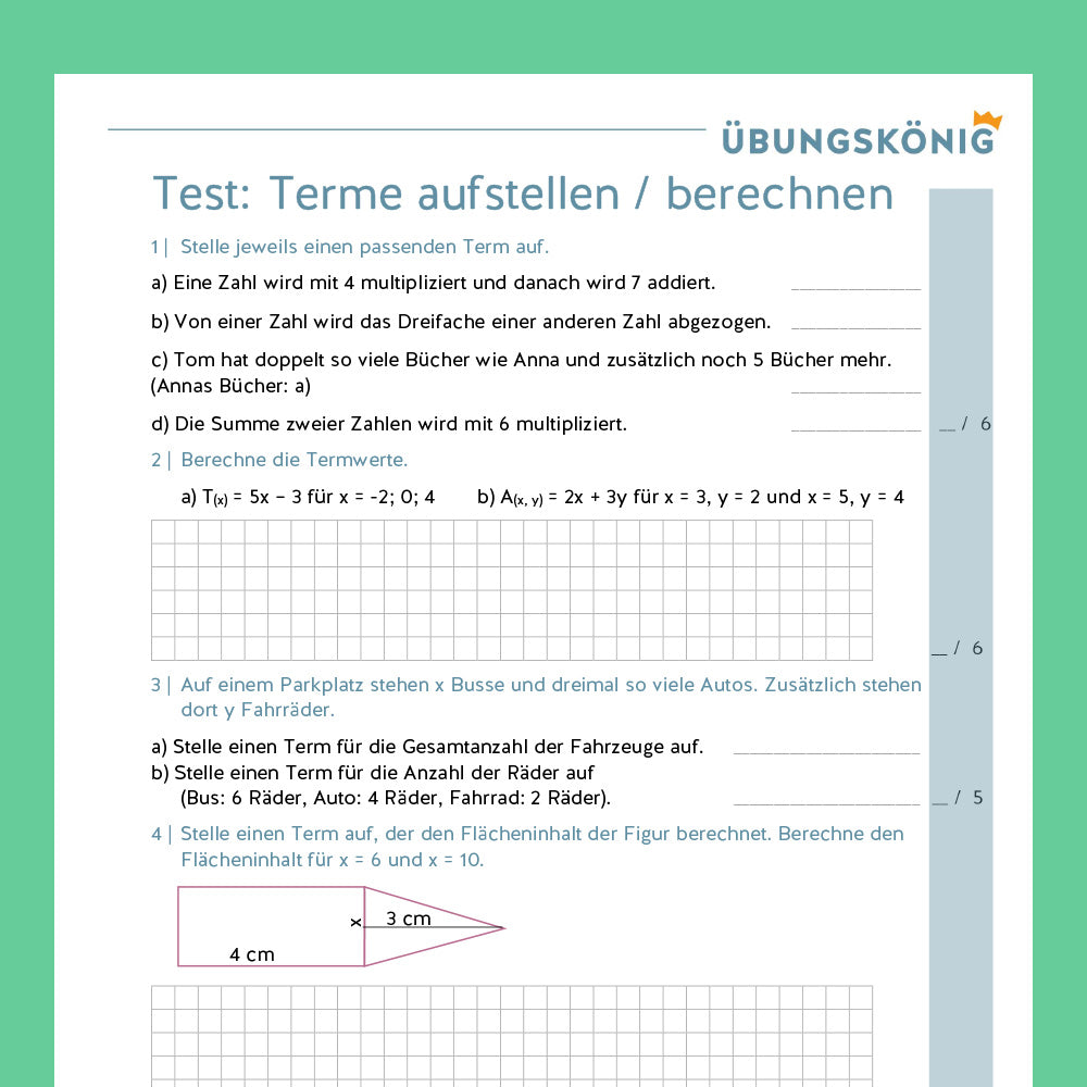 Königspaket: Aufstellen von Termen (Mathe, 7. Klasse) - inklusive Test