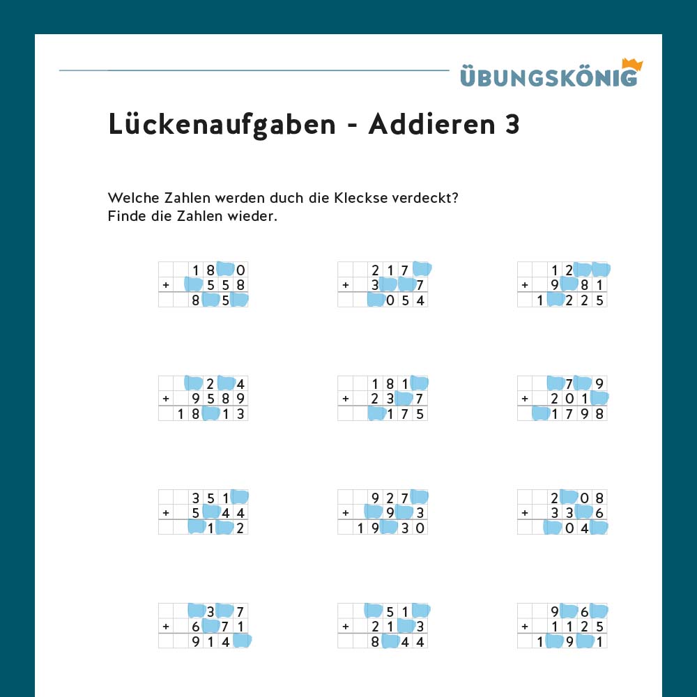 Königspaket: Lückenaufgaben Addieren (Mathe, Mittelschule)