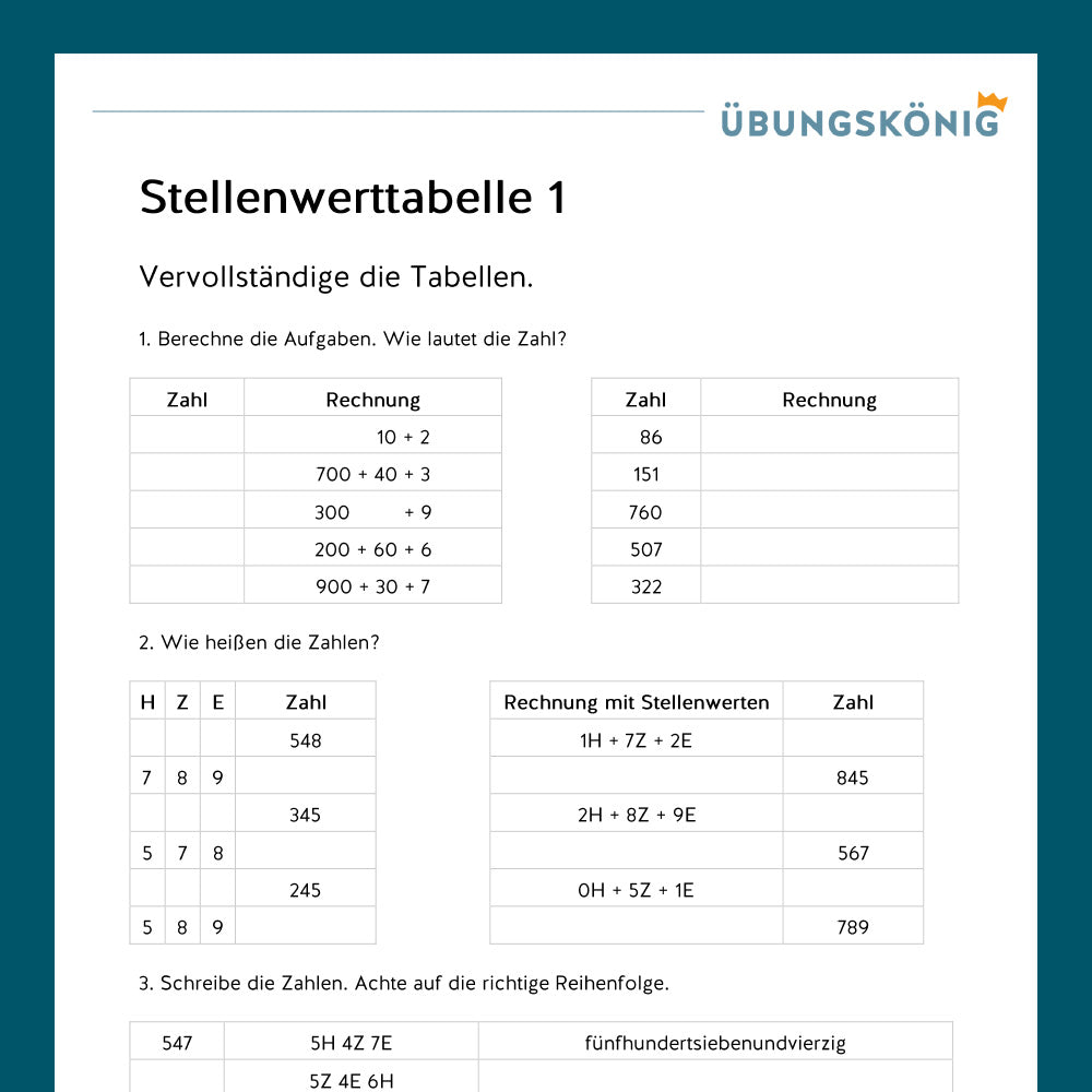 Königspaket: Stellenwerttabelle im ZR 1 000 (Mathe, Mittelschule)
