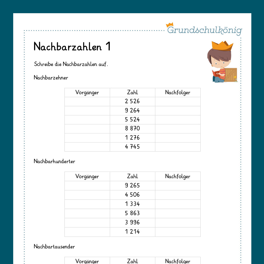 Königspaket: Nachbarzahlen im Zahlenraum 10 000 (Mathe, 4. Klasse) - inklusive Test