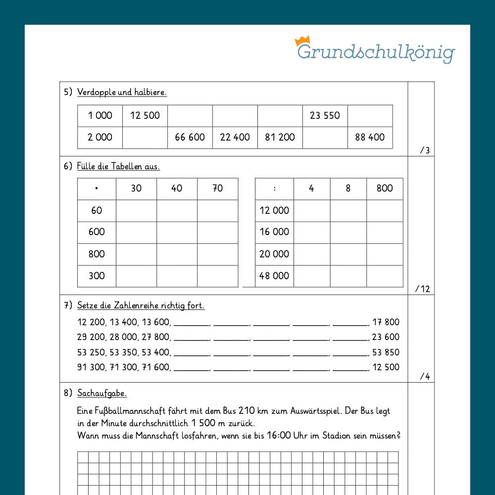 Mathe, 4. Klasse: Zwei Proben, Grundrechenarten im ZR 100 000 als PDF zum Herunterladen