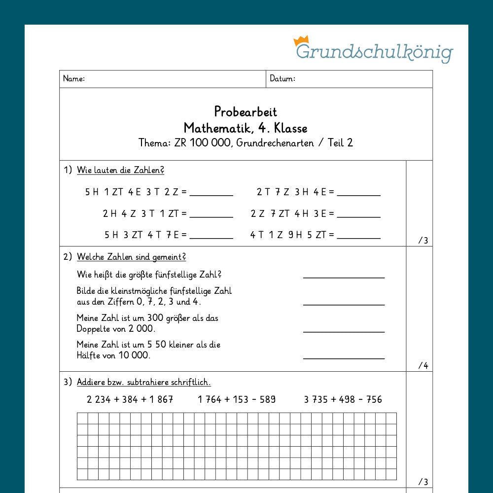 Mathe, 4. Klasse: Zwei Proben, Grundrechenarten im ZR 100 000 als PDF zum Herunterladen