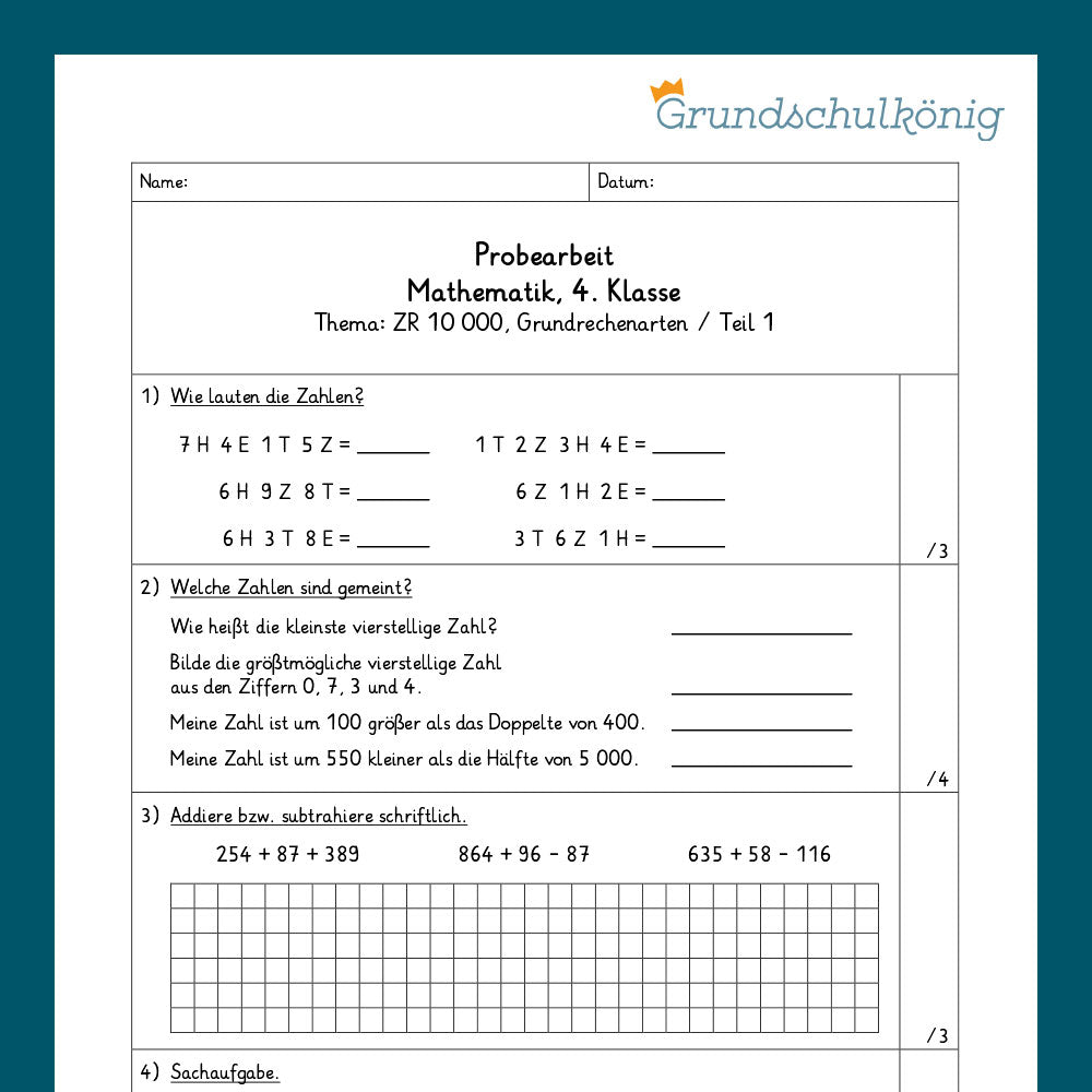 Mathe, 4. Klasse: Zwei Proben, Grundrechenarten im ZR 10 000 als PDF zum Herunterladen