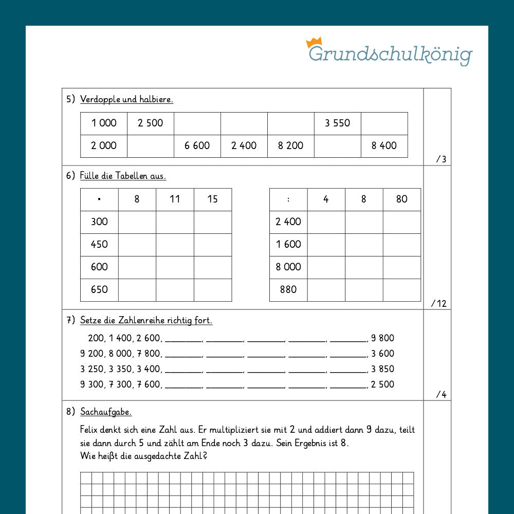 Mathe, 4. Klasse: Zwei Proben, Grundrechenarten im ZR 10 000 als PDF zum Herunterladen