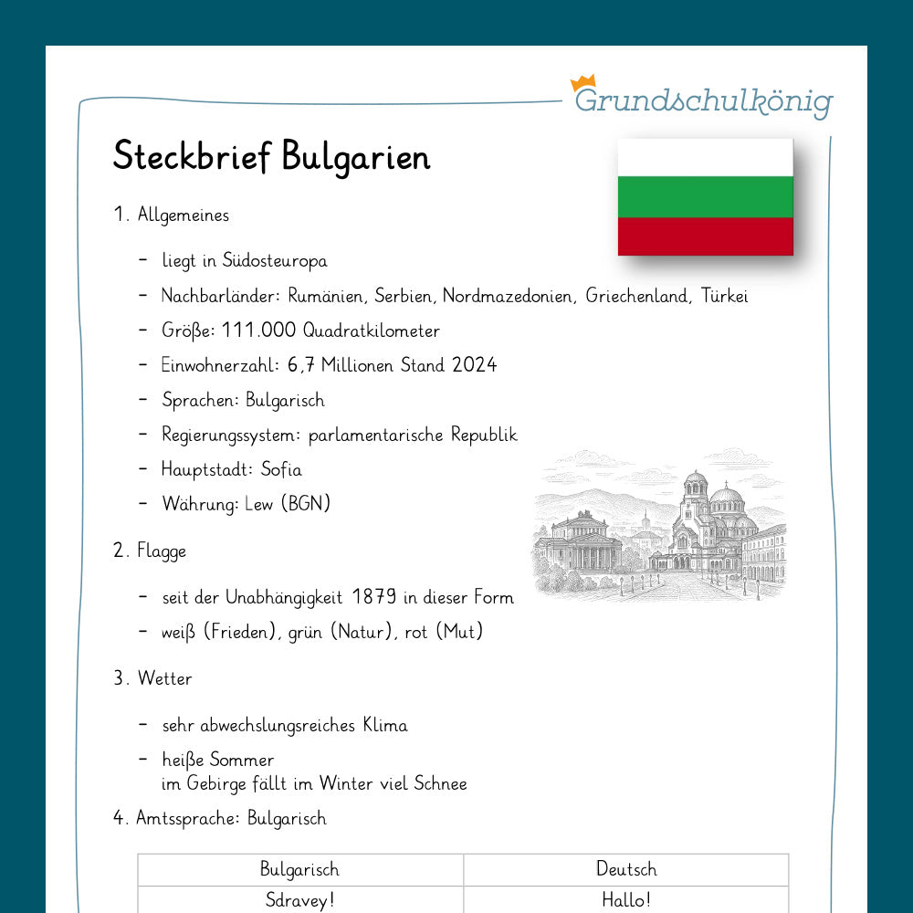 Königspaket: Steckbrief - Bulgarien (Sachkunde 3. & 4. Klasse)