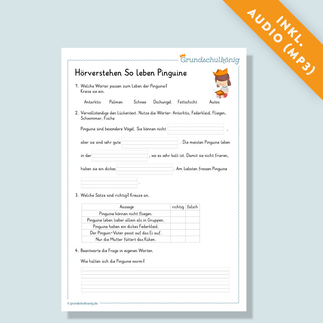 Hörverstehen "So leben Pinguine" inkl. Audio (Deutsch, 2. Klasse)