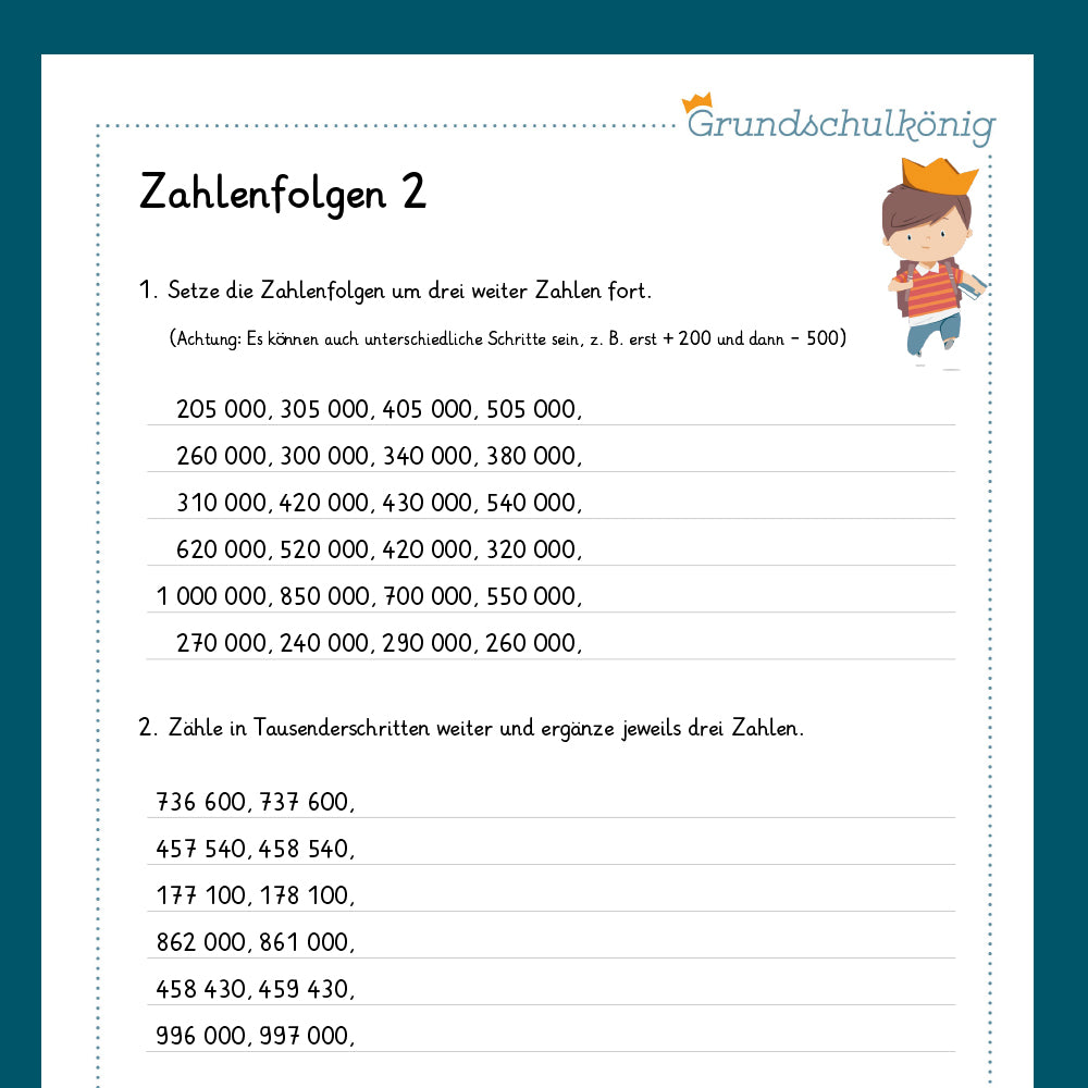Königspaket: Zahlenfolgen im Zahlenraum 1 000 000 (Mathe, 4. Klasse) - inklusive Test