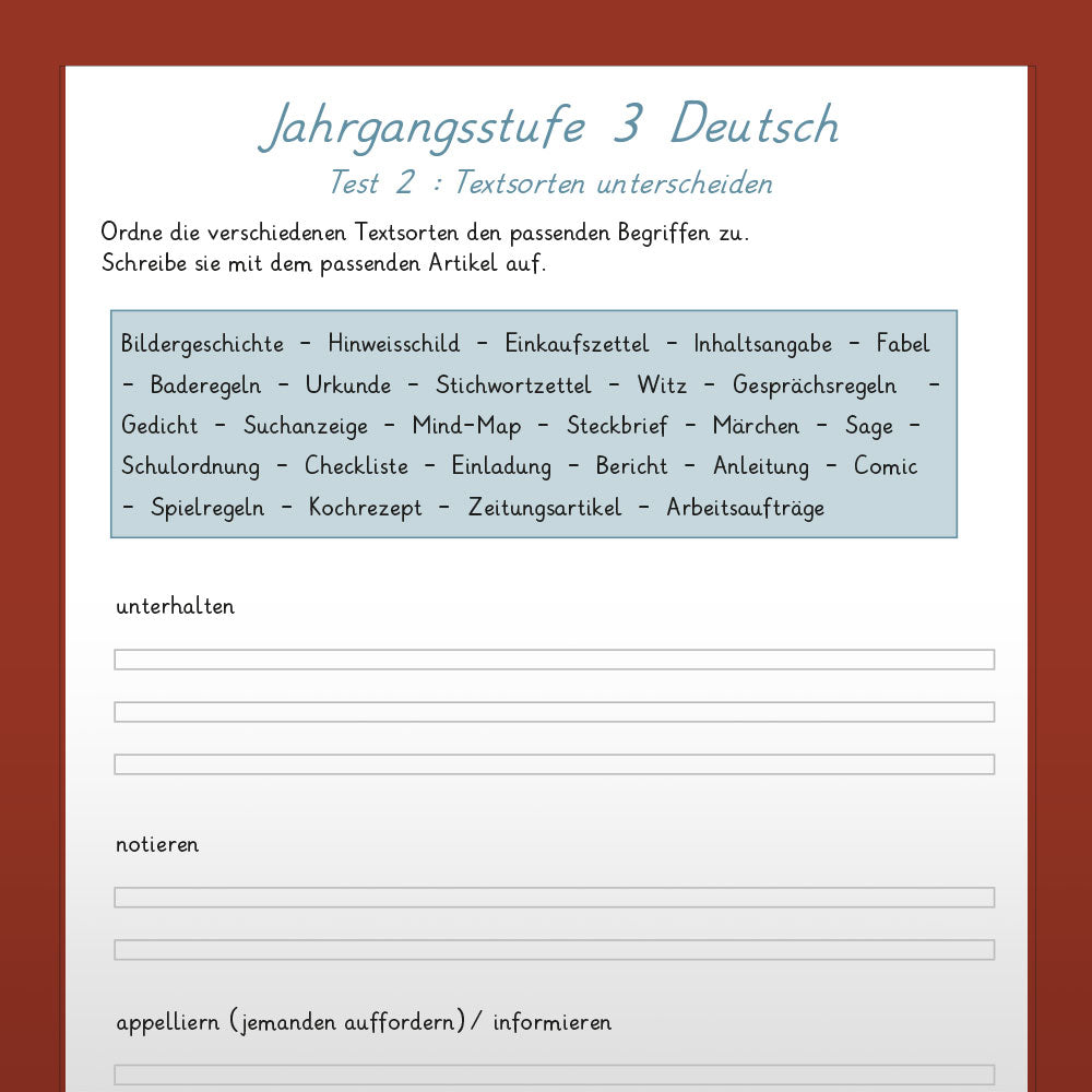 Deutsch: Jahrgangsstufentest zum Stoff der 3. Klasse