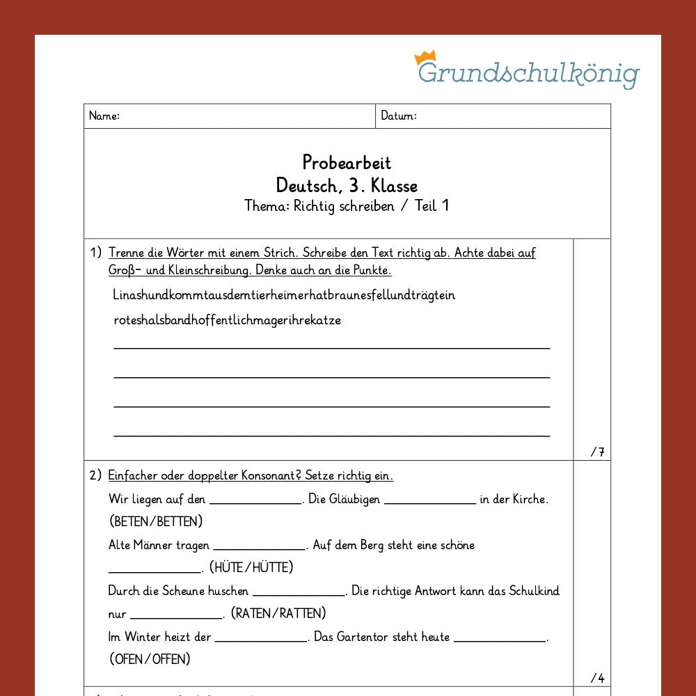Deutsch, 3. Klasse: Zwei Proben - Rechtschreibung / Richtig schreiben - als PDF zum Herunterladen