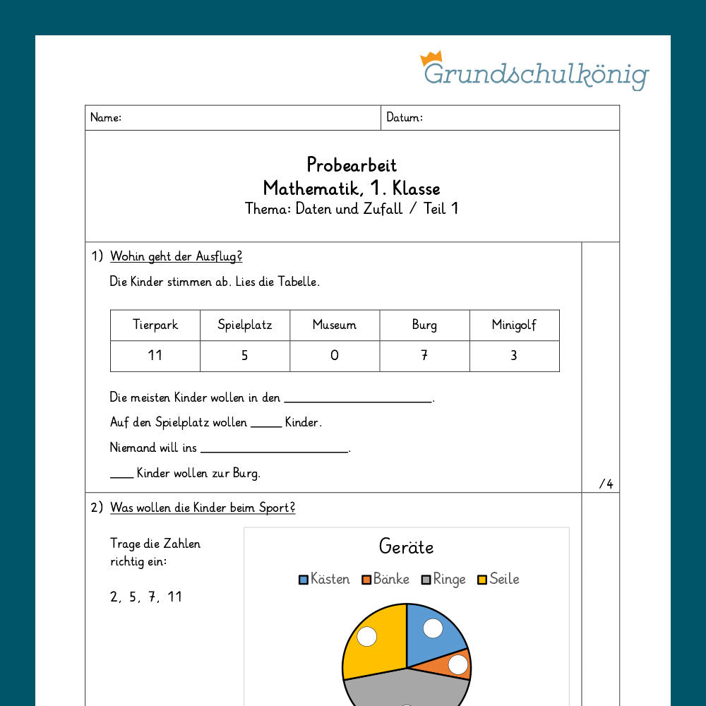 Mathe, 1. Klasse: Zwei Proben - Daten und Zufall 2