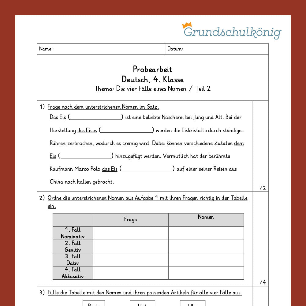 Deutsch, 4. Klasse: Zwei Proben - Die vier Fälle des Nomens