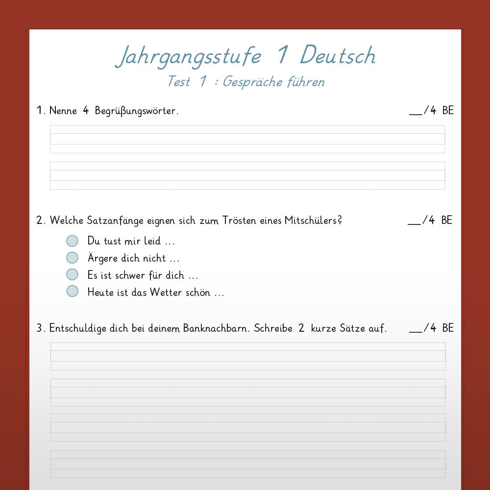 Deutsch: Jahrgangsstufentest zum Stoff der 1. Klasse