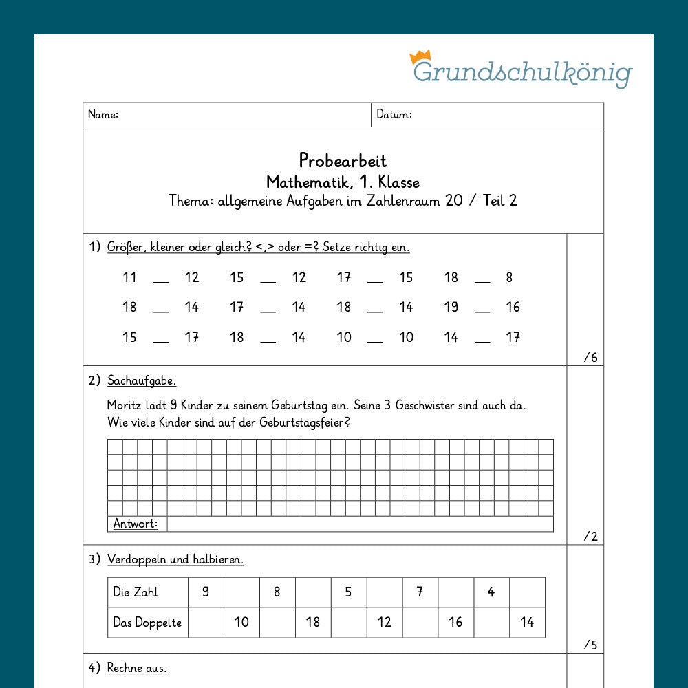Mathe, 1. Klasse: Zwei Proben - Aufgaben im Zahlenraum 20