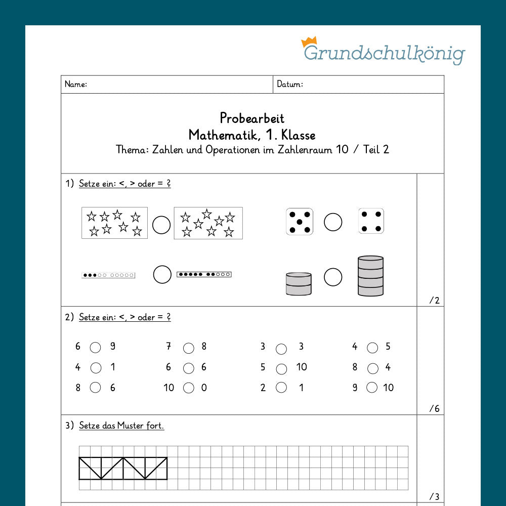 Mathe, 1. Klasse: Zwei Proben - Zahlenoperationen im Zahlenraum 10 - 2. Teil