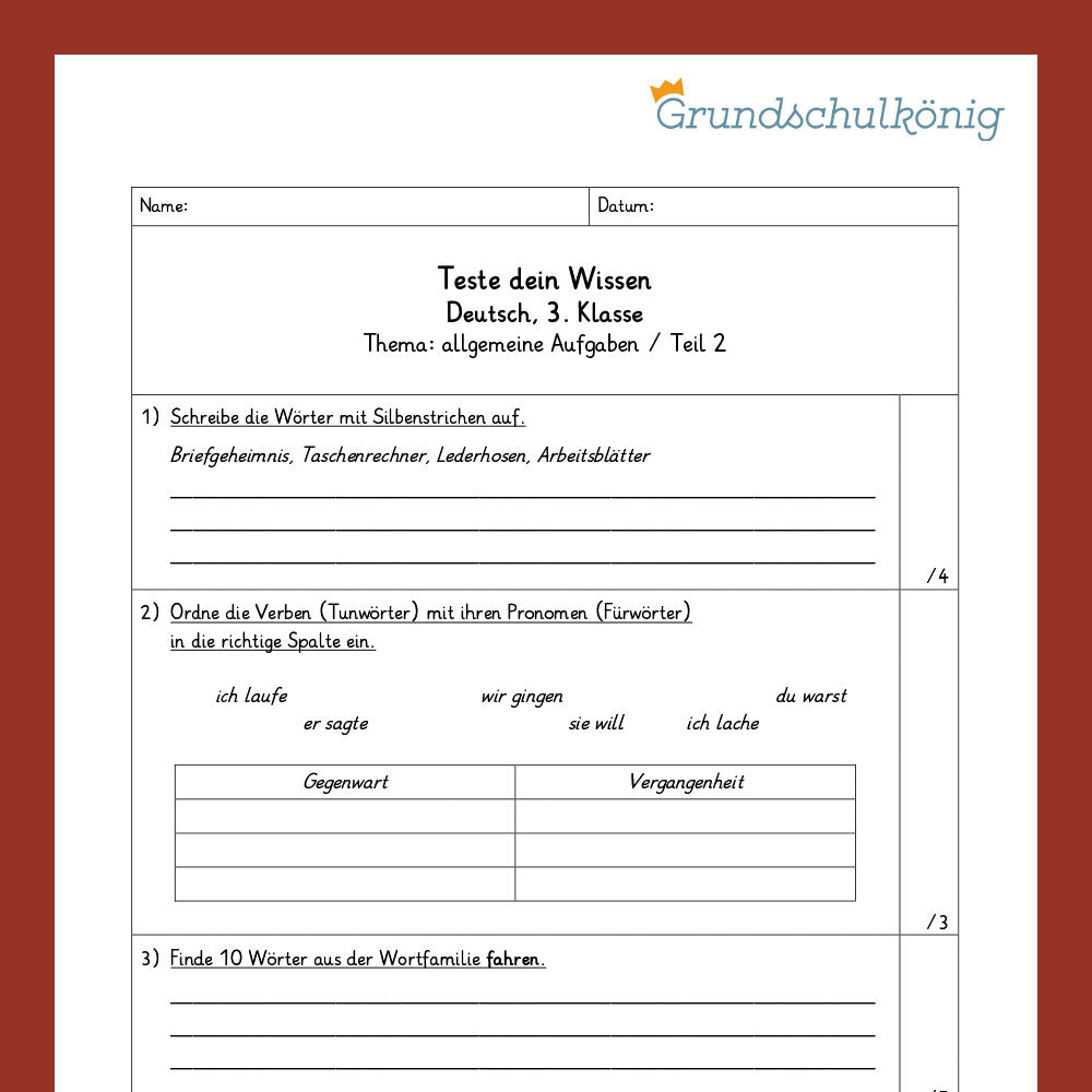 Deutsch, 3. Klasse: Zwei Proben - Teste dein Wissen!