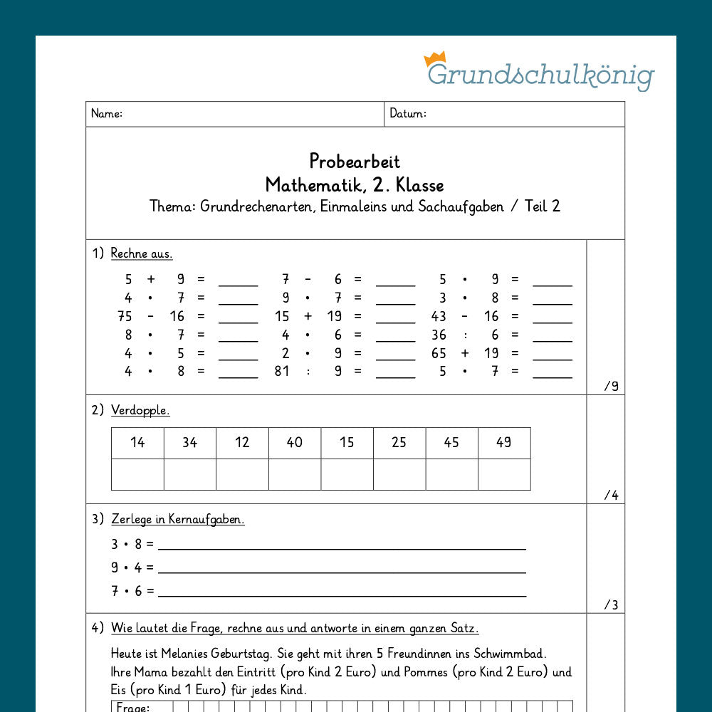 Mathe, 2. Klasse: Zwei Proben - Grundrechenarten (Einmaleins und Sachaufgaben)