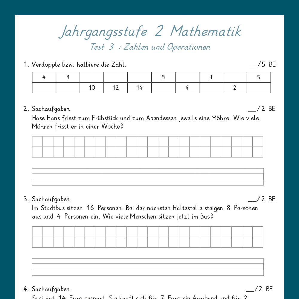 Mathe: Jahrgangsstufentest zum Stoff der 1. Klasse