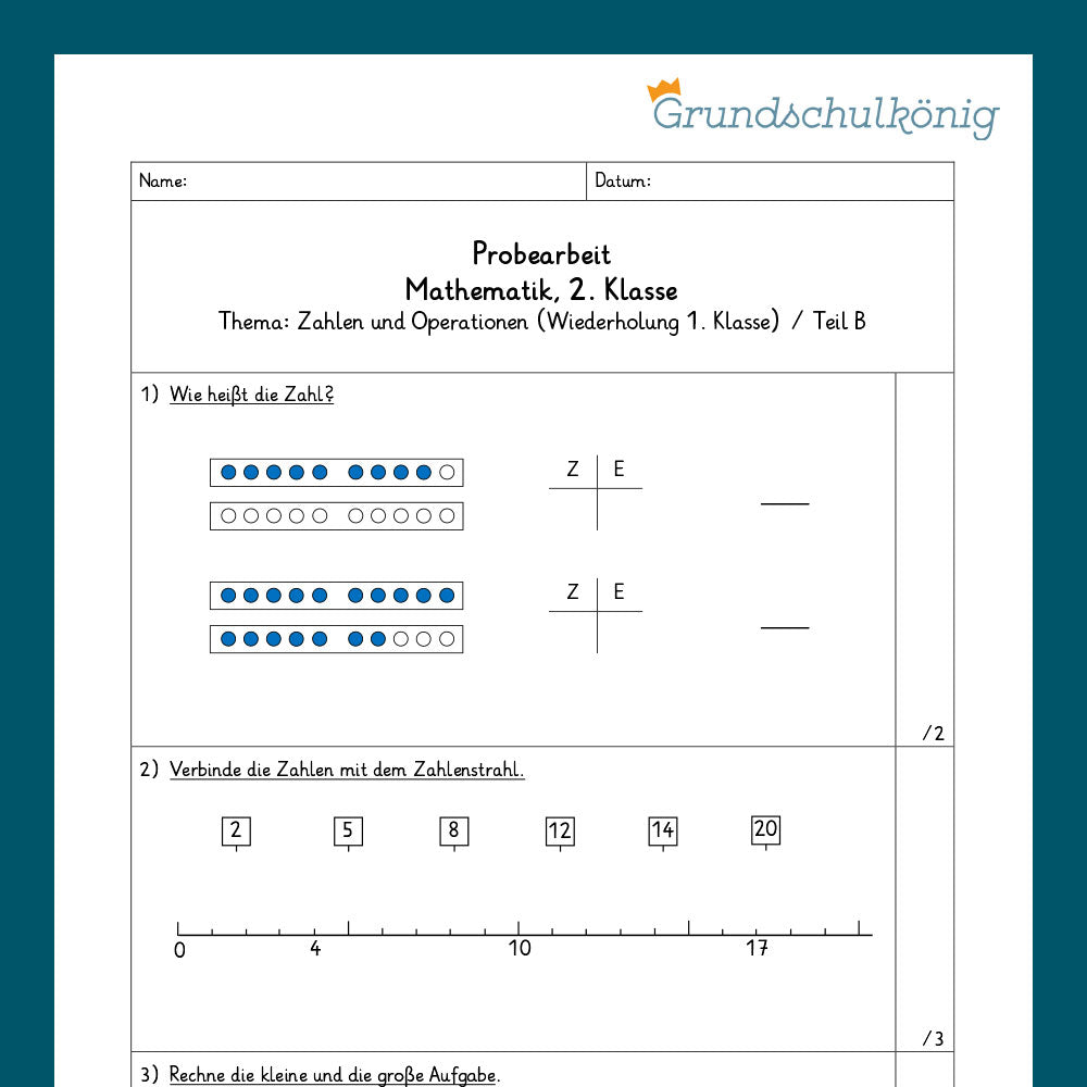 Mathe, 2. Klasse: Zwei Proben - Zahlenoperationen (Wiederholung 1. Klasse)
