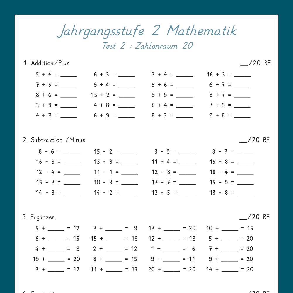 Mathe: Jahrgangsstufentest zum Stoff der 1. Klasse